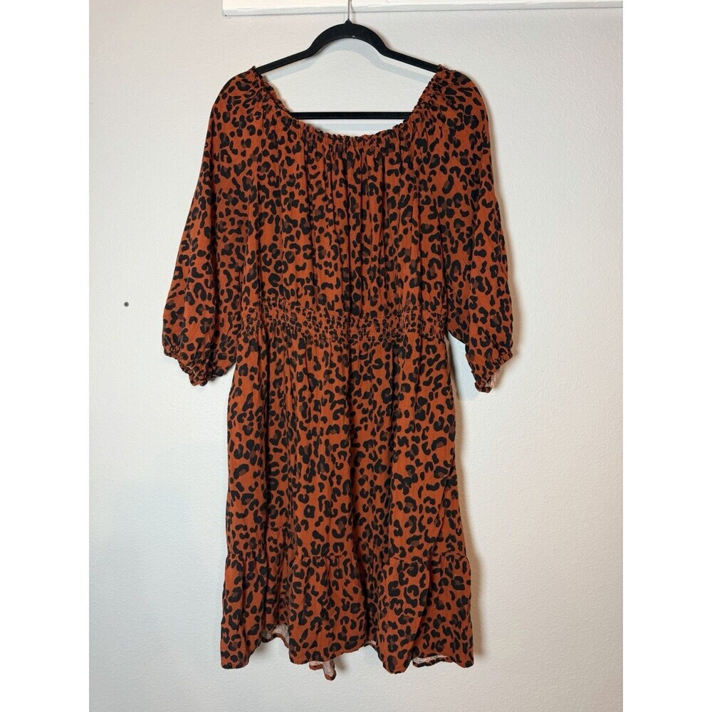 Knox Rose Smocked Leopard A-Line Dress XXL Knee Length Brown Black Cheetah